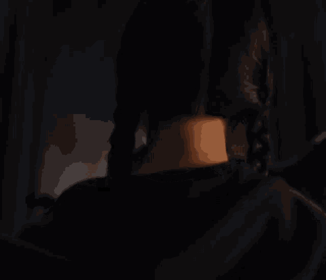 a close up of a woman 's neck and braided hair in a dark room .