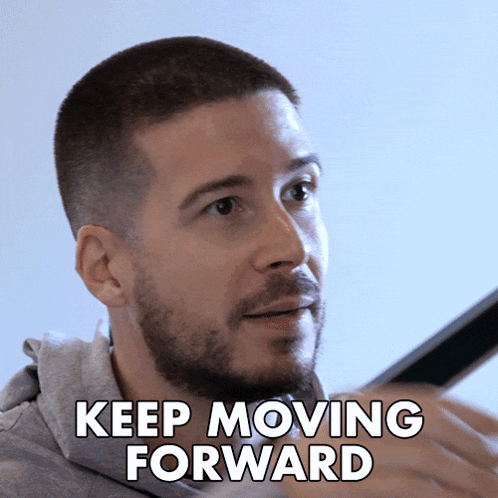 a man with a beard has the words keep moving forward written on his face