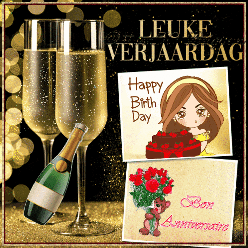 a happy birthday card with a bottle of champagne and two glasses