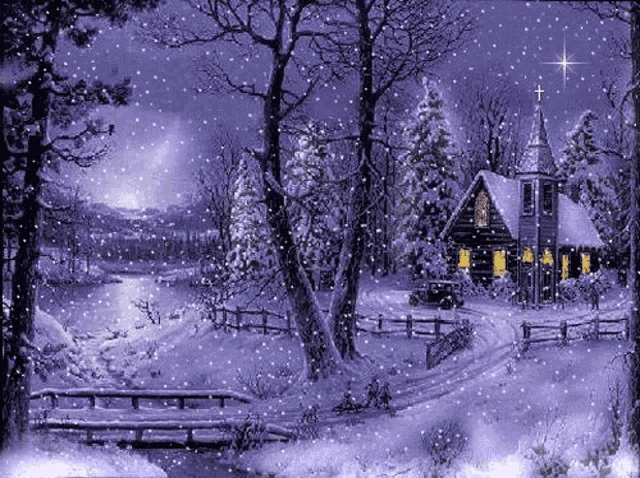 it is a painting of a snowy christmas scene with a church in the middle of the forest .