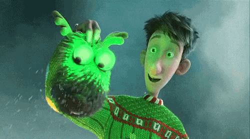 a cartoon character in a green sweater is holding a green monster