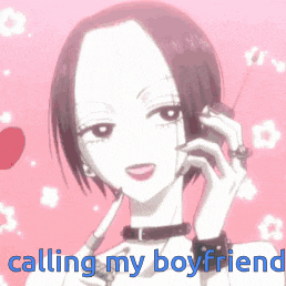 a woman is talking on a cell phone with the words `` calling my boyfriend '' behind her .