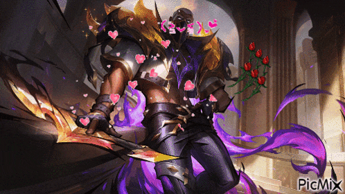 a picture of a man holding a sword and roses has the word picmix on the bottom right