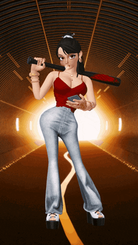 a cartoon girl is holding a bat and a cellphone