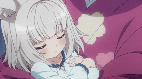 a girl with a cat ear is sleeping on a purple blanket