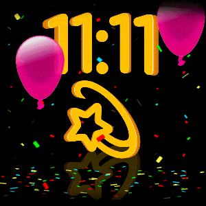 11:11 is displayed on a screen surrounded by pink balloons