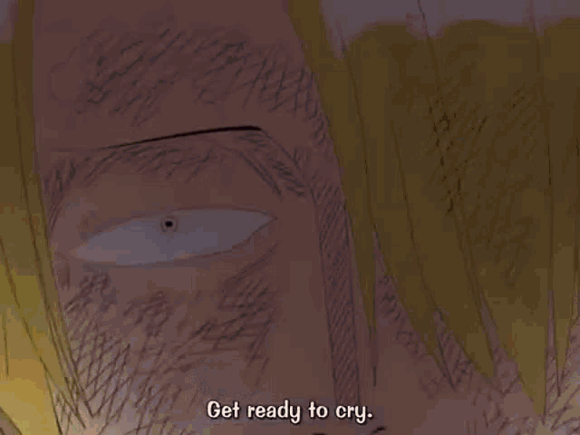 a cartoon character says get ready to cry while standing next to a statue .