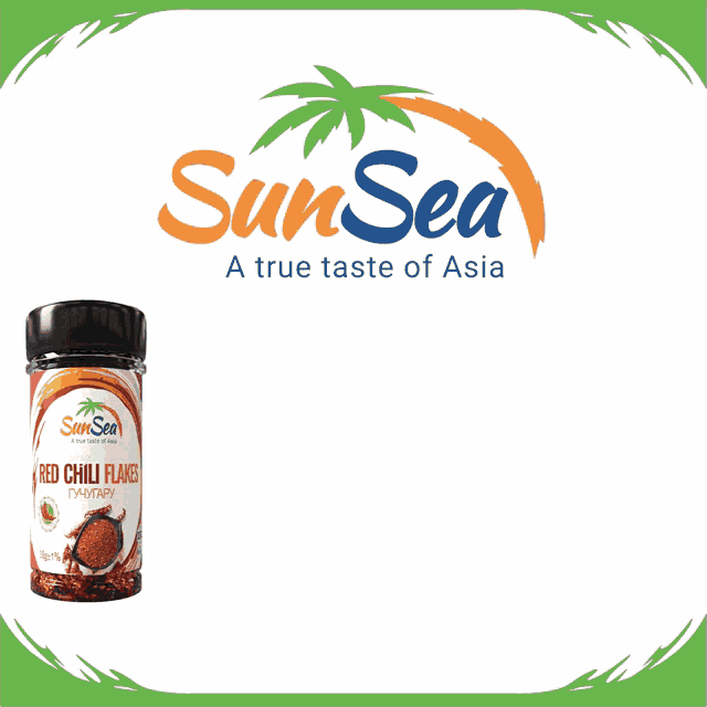 a bottle of sunsea red chili flakes is next to a sunsea logo