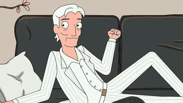 a cartoon of a man laying on a couch with a fist in the air