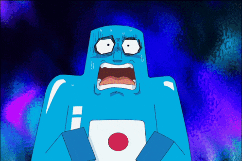 a blue cartoon character with a red circle around his chest
