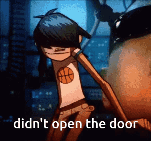a cartoon character with a basketball on her shirt is standing next to a man with the words " did n't open the door "
