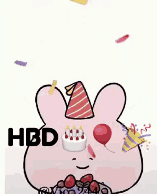 a pink bunny wearing a party hat is holding a birthday cake .