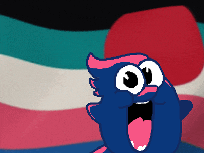 a blue and pink cartoon character is standing in front of a rainbow flag