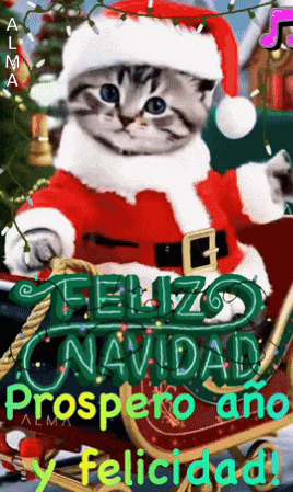 a cat dressed as santa claus is sitting in a sleigh with the words feliz navidad prospero ano y felicidad