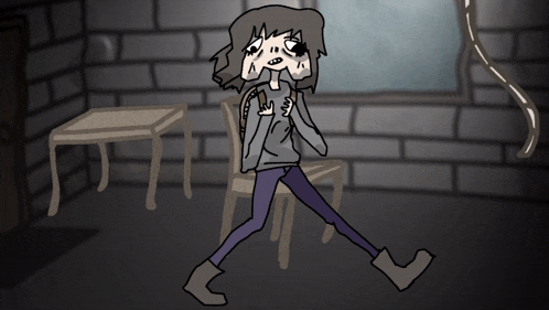 a cartoon drawing of a girl with two faces standing in a dark room