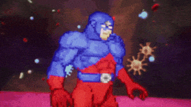 a pixel art of a superhero in a red and blue costume