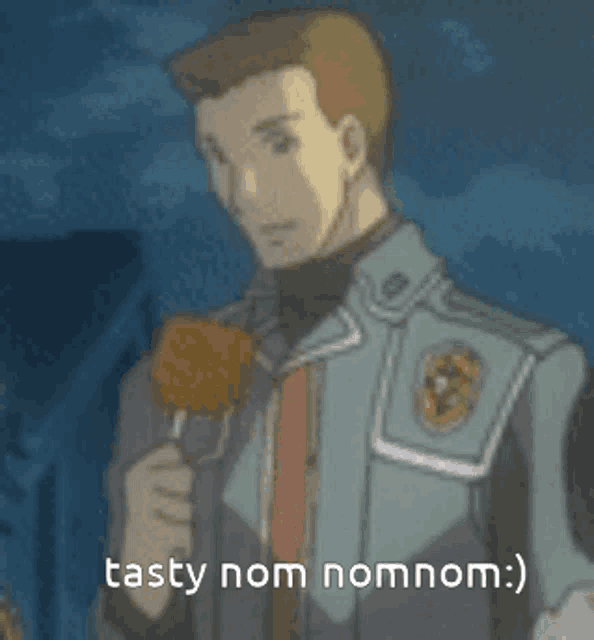 a man in a suit is holding a lollipop in his hand and says `` tasty nom nomnom '' .