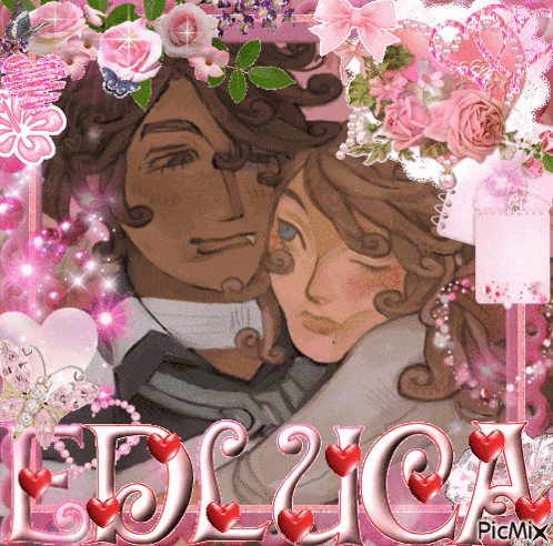 a picture of a man and woman surrounded by pink flowers with the name eullica