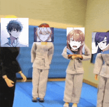 a group of anime characters are standing in a room