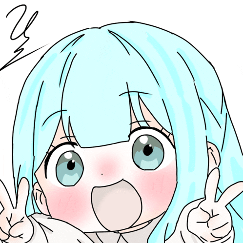 a drawing of a girl with blue hair and blue eyes giving a peace sign