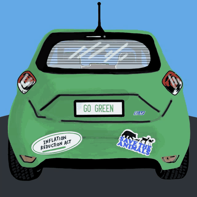 a green car with stickers on the back that say go green
