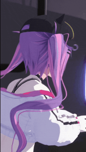 a girl with purple hair is wearing a baseball cap
