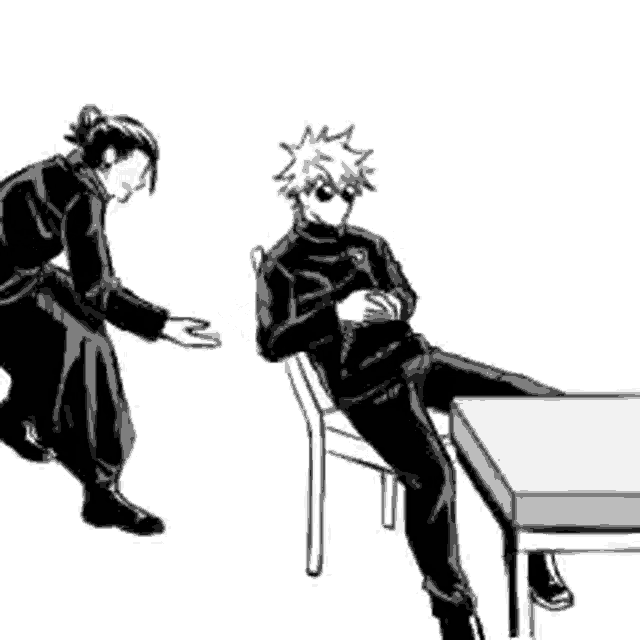 a black and white drawing of a man sitting at a table with another man standing next to him .