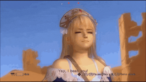 a video game screen shows a blonde woman waving her hand and says yay i beat you