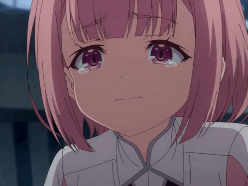 a girl with pink hair is crying with tears running down her face
