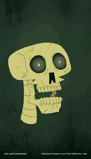 a drawing of a skull with a green feather coming out of its mouth