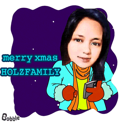 a cartoon of a woman holding a cell phone with the words merry xmas holzfamily written above her
