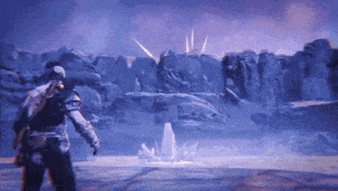 a person in a video game is standing in front of a cliff