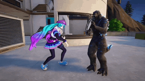 a girl in a purple and blue outfit is dancing with a monster
