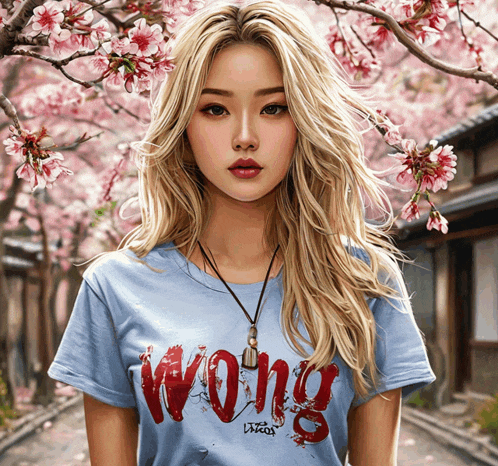 a woman wearing a blue t-shirt that says wong