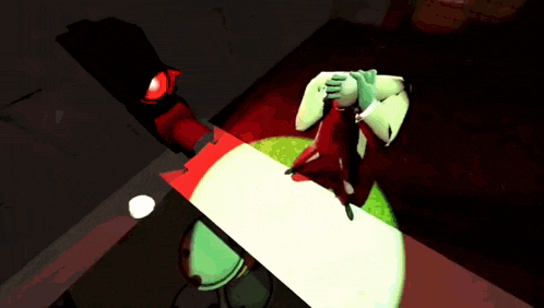 a cartoon character is standing in a dark room with a red light behind him