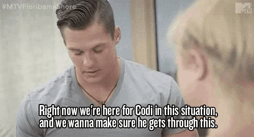 a man and a woman are talking to each other and the man is saying `` right now we 're here for codi in this situation