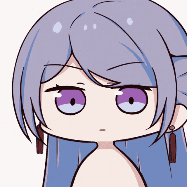 a drawing of a girl with purple eyes and blue hair