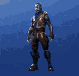 a soldier with a helmet and a scarf around his neck is standing in front of a blue background .