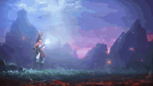 a painting of a woman holding a sword in a field