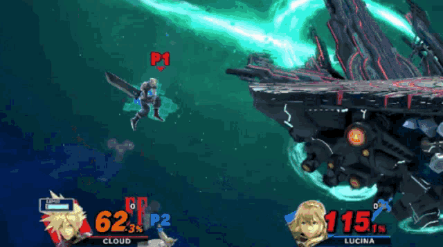 cloud and lucina are fighting in a video game and cloud has 62 % while lucina has 115 %