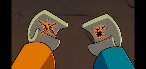two cartoon characters are holding a pair of knives and one of them has a spark coming out of it