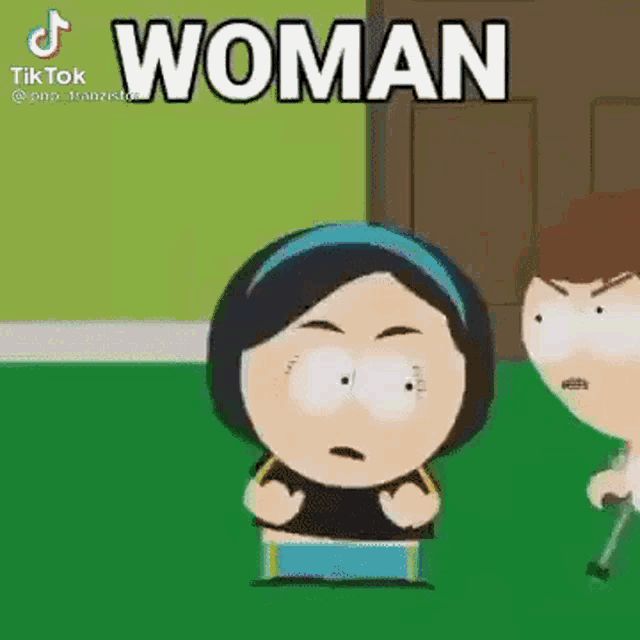 a cartoon character from south park is standing next to a man holding a cane .