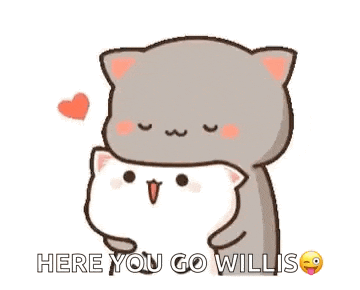 a cartoon cat is hugging another cat with a heart in the background .