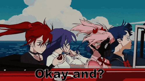 a group of anime girls are sitting in a red car with the words okay and written on the bottom