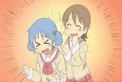 a couple of anime girls are standing next to each other and one of them is laughing .