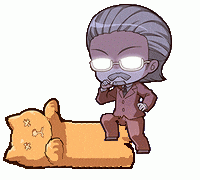 a cartoon of a man in a suit standing next to an orange cat