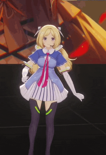 a blonde anime girl in a blue and white dress is dancing
