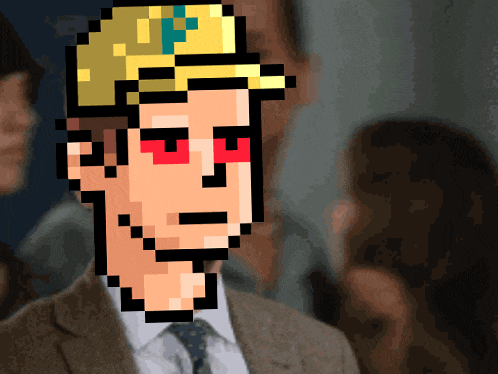 a pixel art of a man in a suit and tie with red eyes