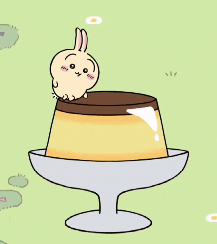 a cartoon rabbit is standing on top of a pudding on a plate