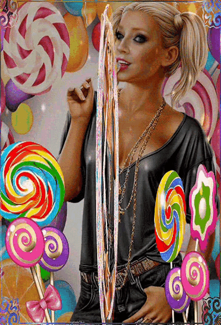 a woman is surrounded by colorful lollipops including one that says ' swirl ' on it